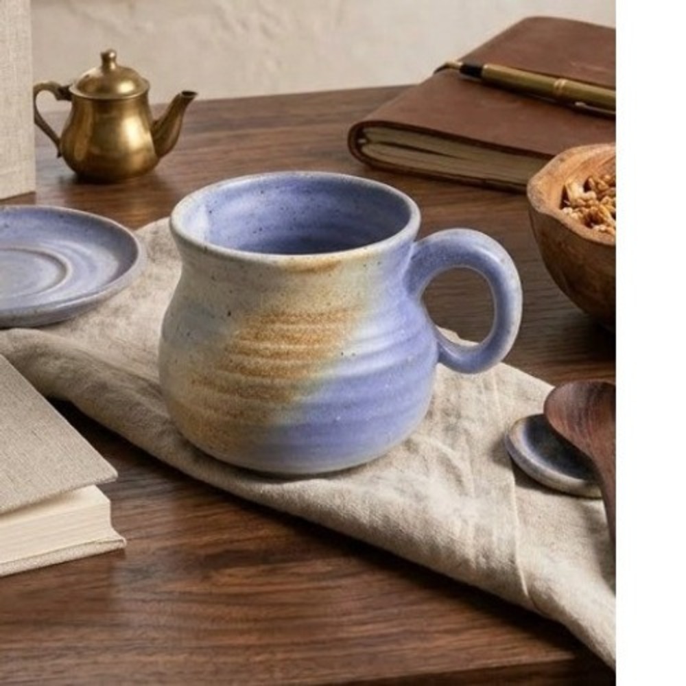 Artisanal Studio Pottery Blue and Tan Speckled Ribbed‎ Ceramic Coffee Mug